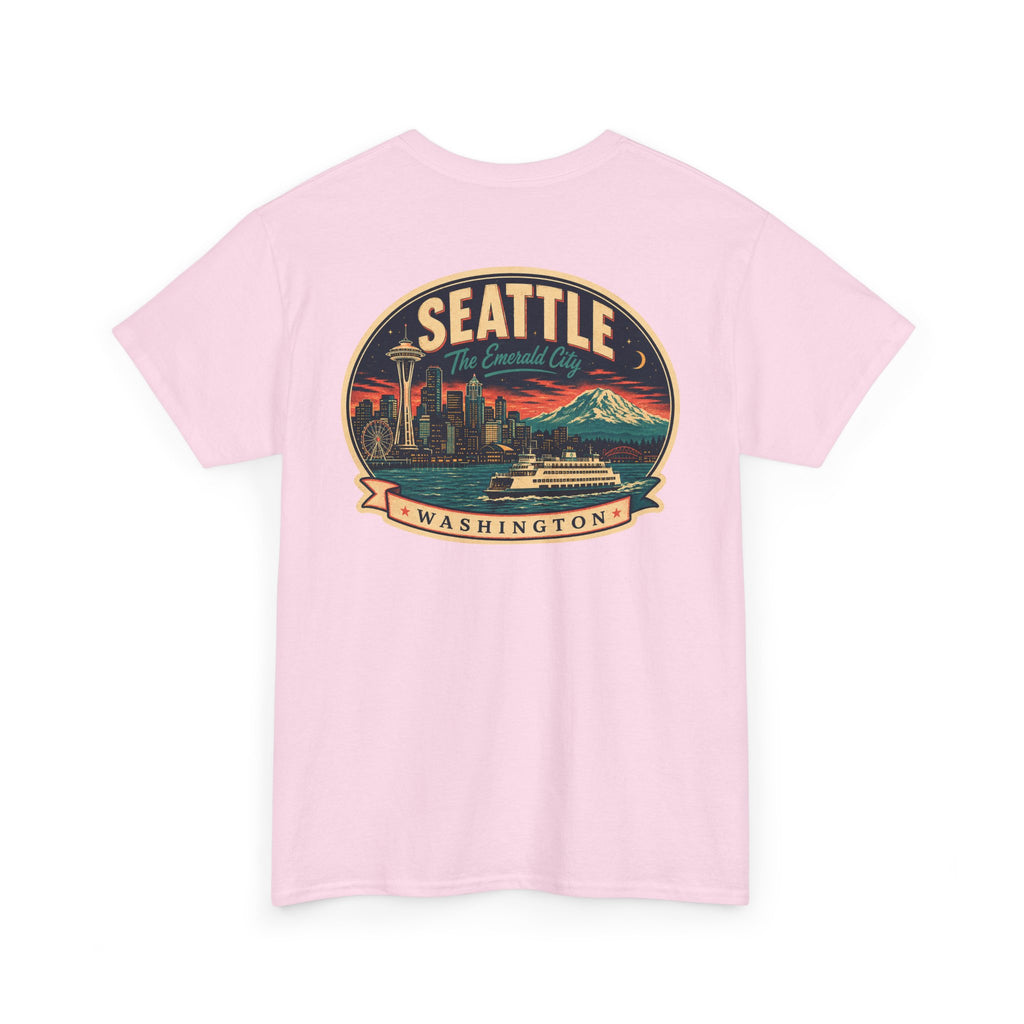 Light pink Seattle logo T-shirt with retro skyline badge graphic