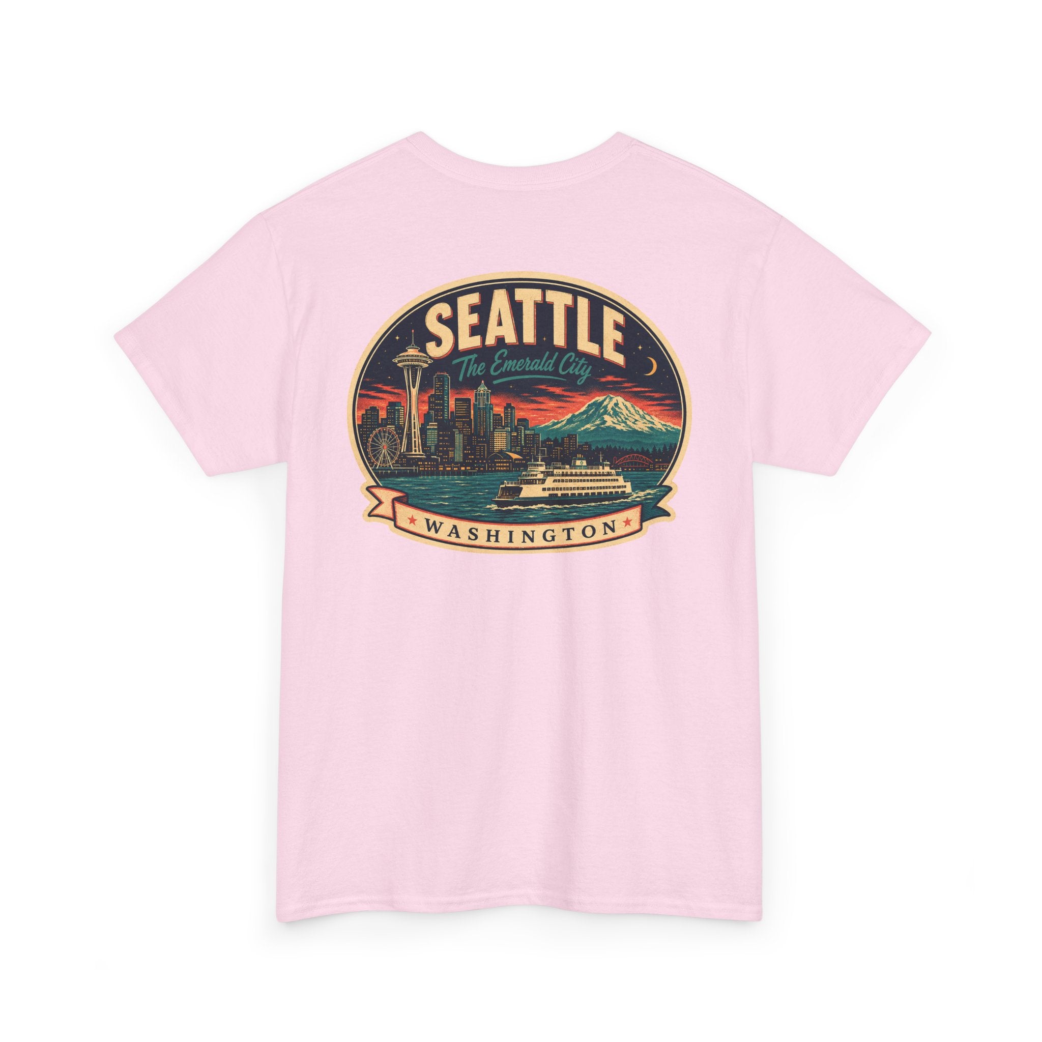 Light pink Seattle logo T-shirt with retro skyline badge graphic