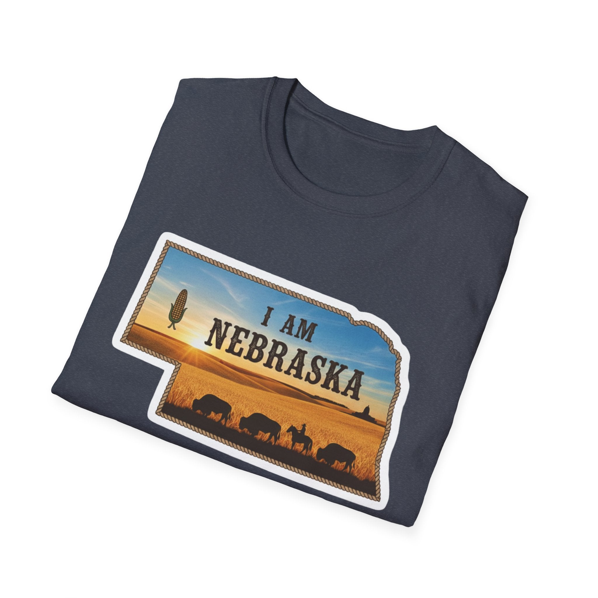 Dark heather blue T-shirt with Nebraska sunset “I Am Nebraska” graphic