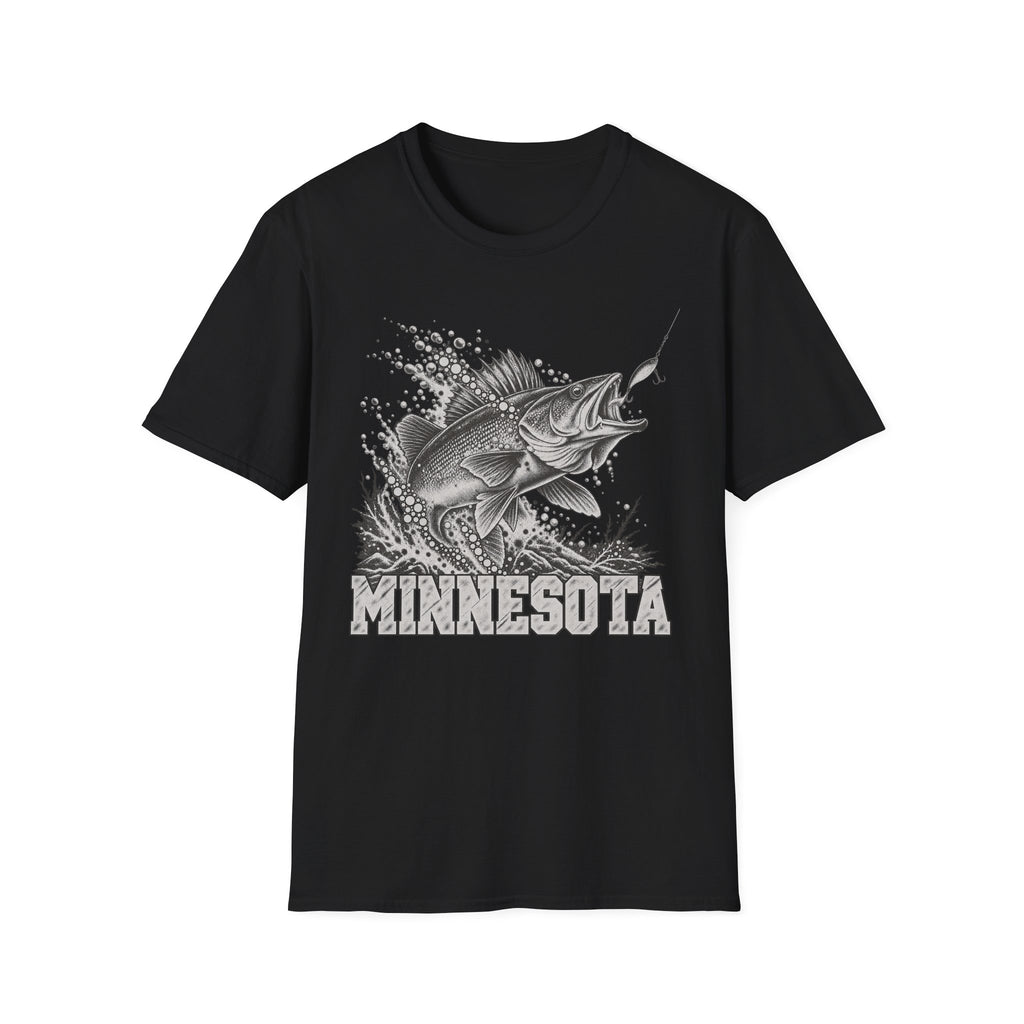 Black t-shirt with leaping walleye graphic and MINNESOTA text