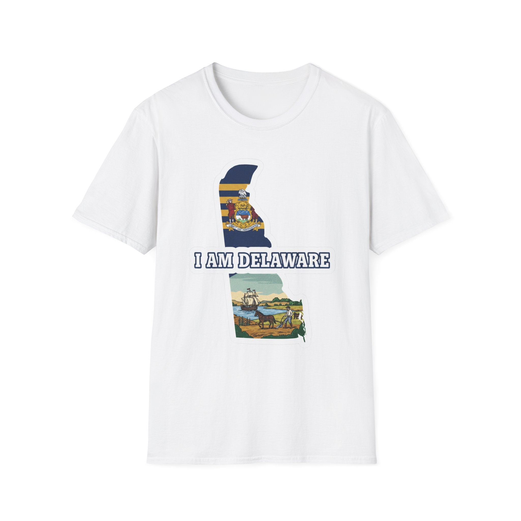 White T-shirt with Delaware state outline graphic and 'I AM DELAWARE' text