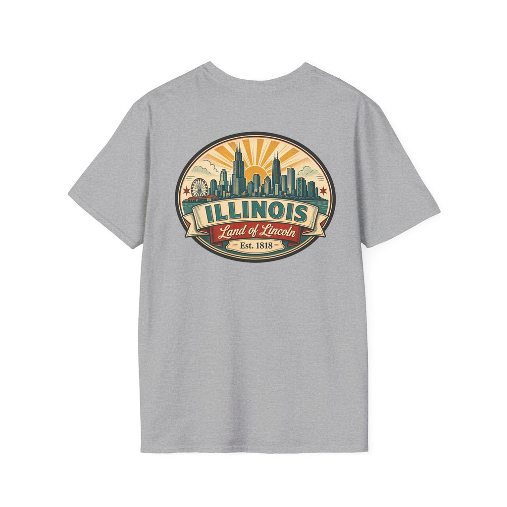 Gray T-shirt with circular Illinois skyline badge, Est. 1818