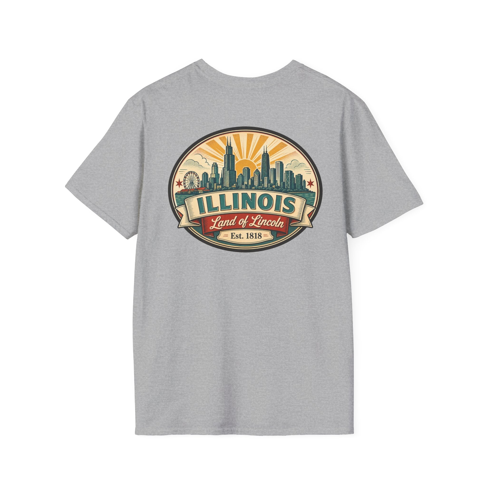Gray T-shirt with circular Illinois skyline badge, Est. 1818