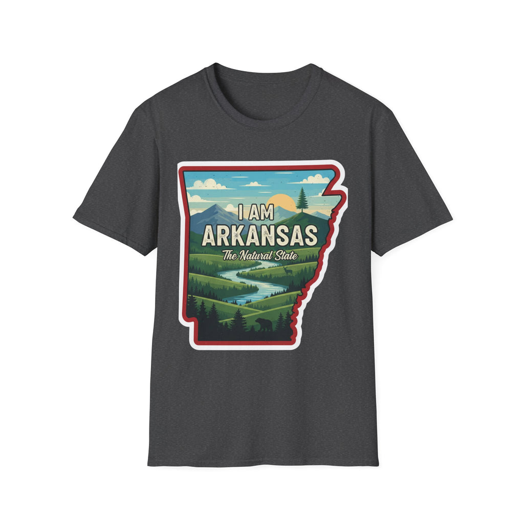 I AM Arkansas T-shirt in dark heather grey with state outline landscape graphic