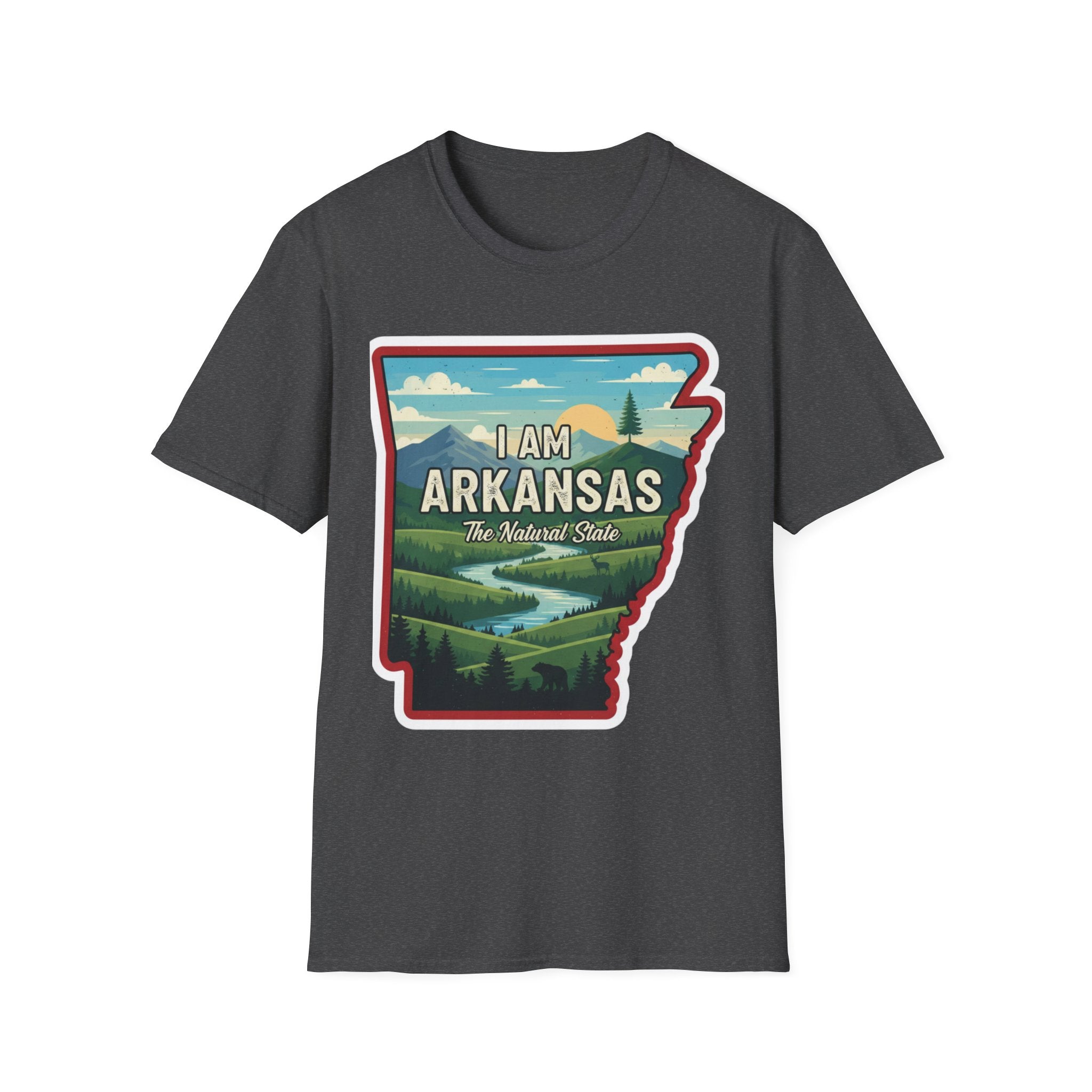 I AM Arkansas T-shirt in dark heather grey with state outline landscape graphic