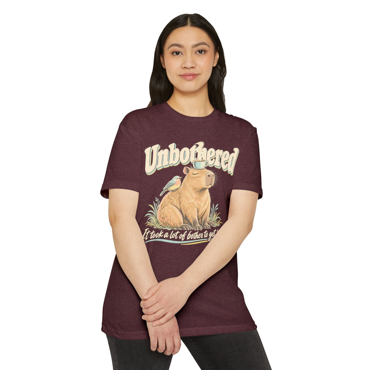 Maroon unisex T-shirt with capybara and coffee graphic, crew neck short sleeves