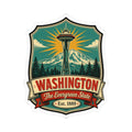Washington State vinyl decal sticker, shield design with Space Needle, mountains, evergreens, and banner text