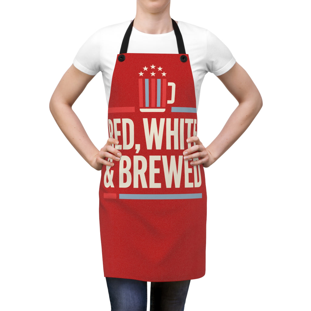 Red patriotic grilling apron with black straps and “RED, WHITE & BREWED” print