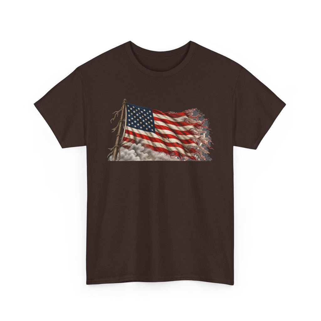 Dark chocolate short-sleeve crewneck T-shirt with weathered waving American flag graphic