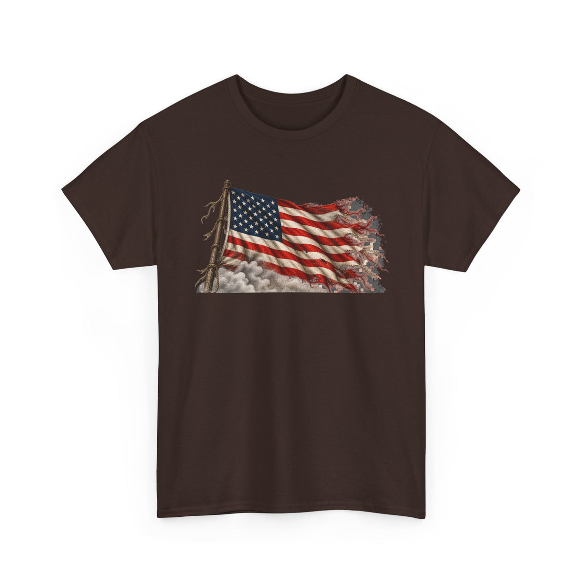Dark chocolate short-sleeve crewneck T-shirt with weathered waving American flag graphic