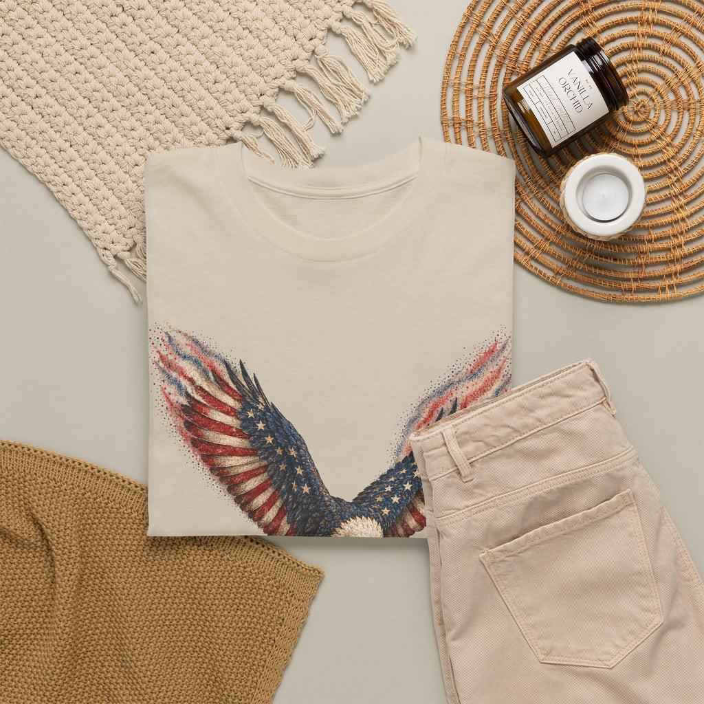 Beige crew-neck t-shirt with colorful American flag eagle wing graphic, front.