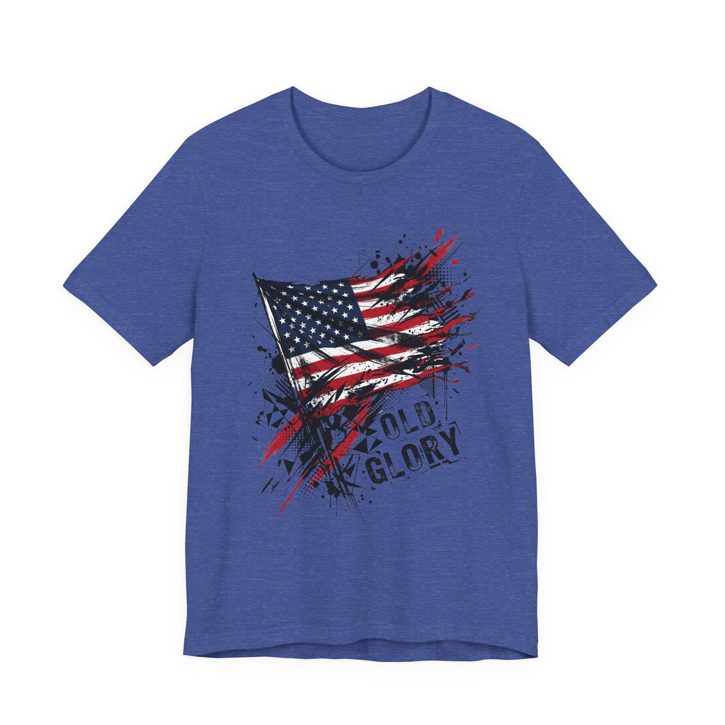 True royal blue T-shirt with distressed American flag graphic and 'Old Glory' text