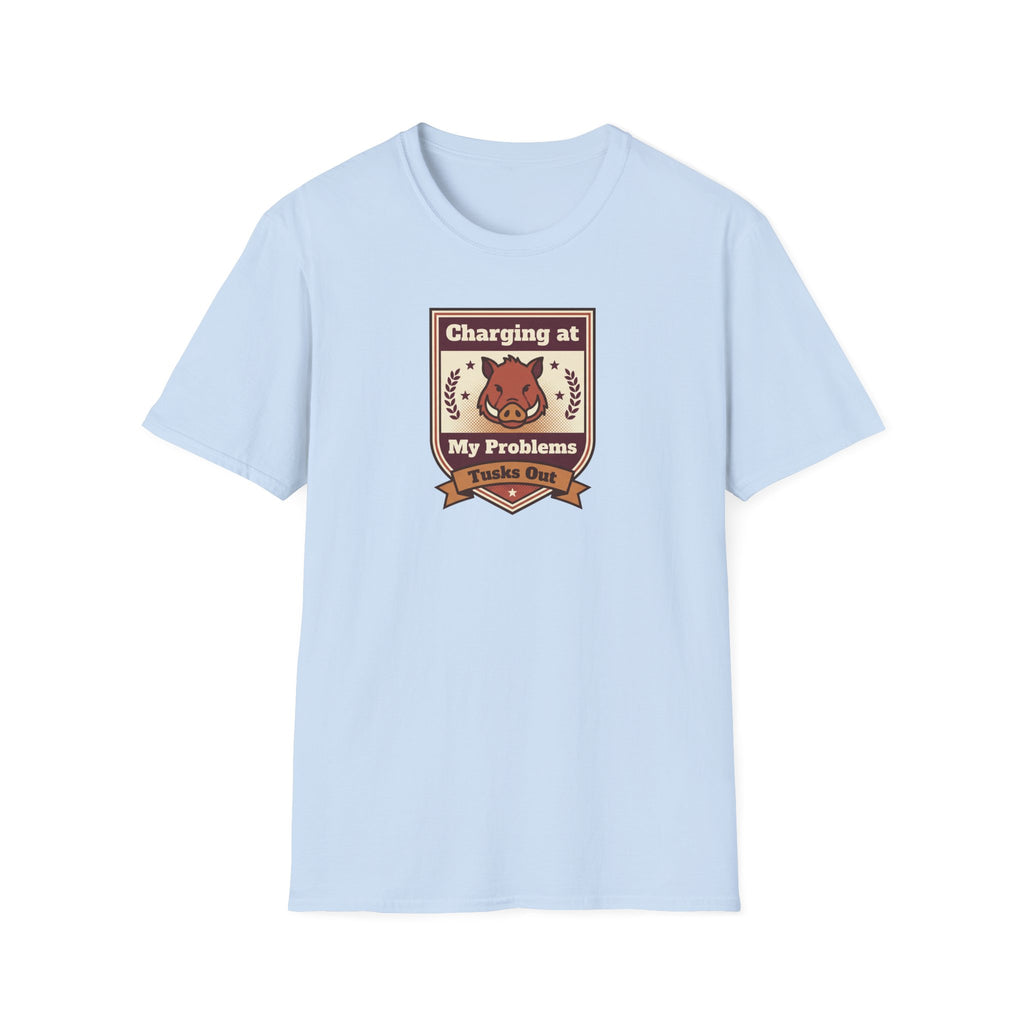 Light blue crew-neck T-shirt with boar graphic crest on the chest.