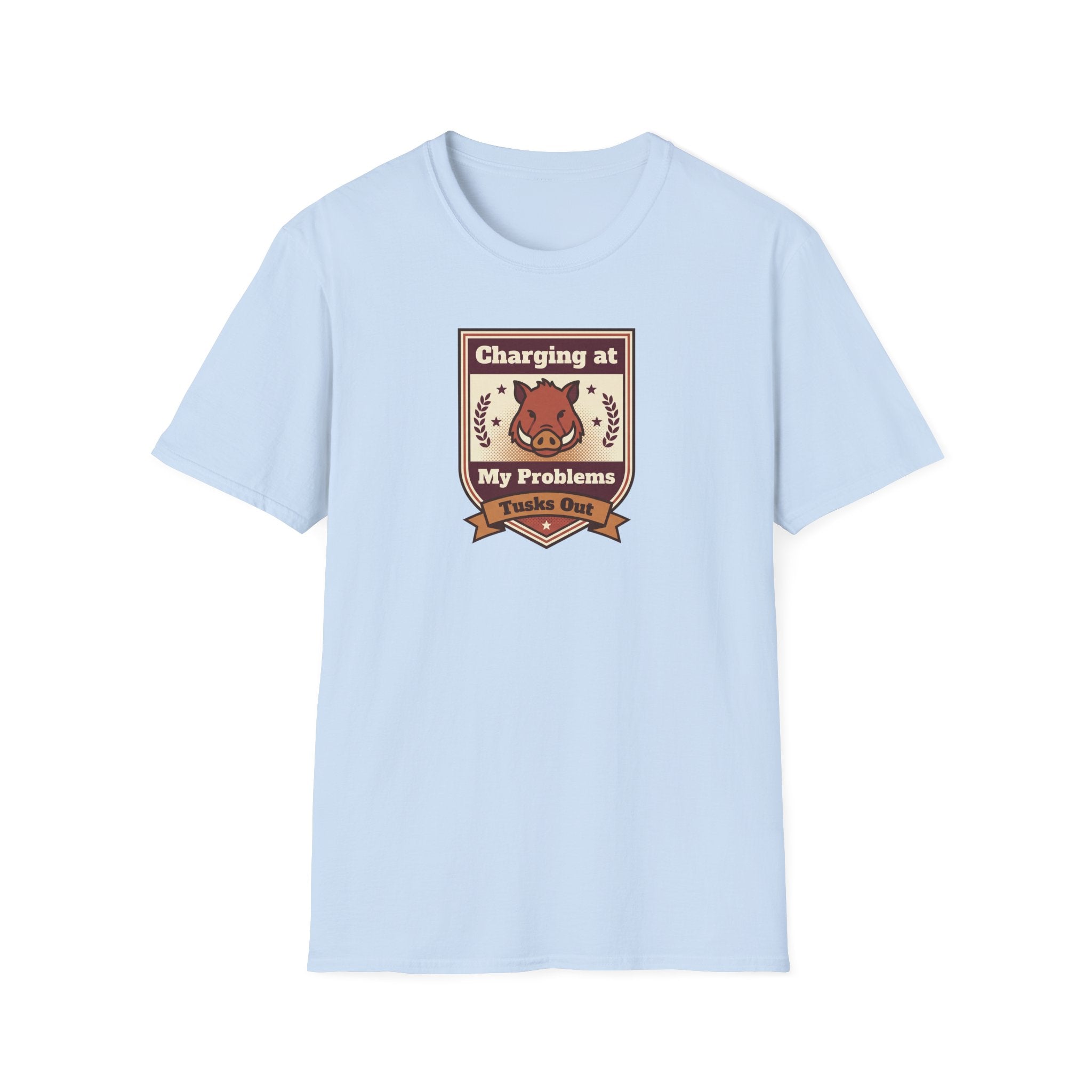 Light blue crew-neck T-shirt with boar graphic crest on the chest.