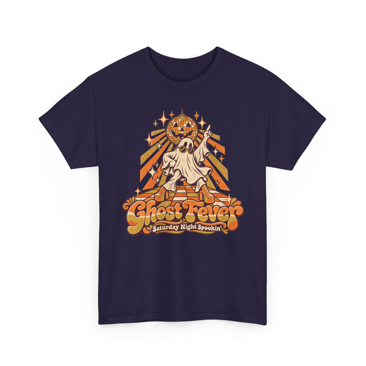 Navy T-shirt with Ghost Fever dancing ghost, jack-o-lantern, and disco ball graphic