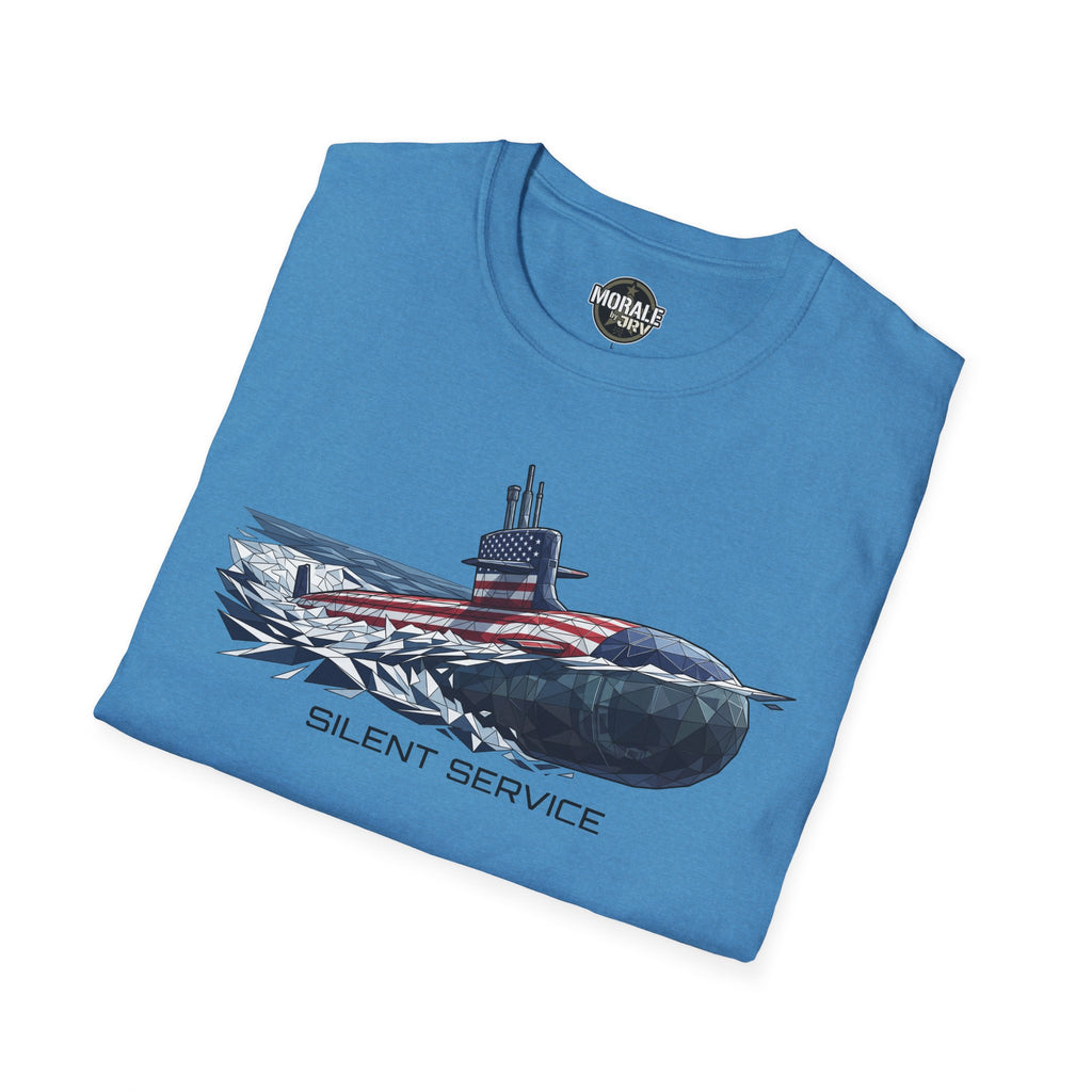 Silent Service T-Shirt, heather sapphire blue, submarine flag graphic with 'SILENT SERVICE'