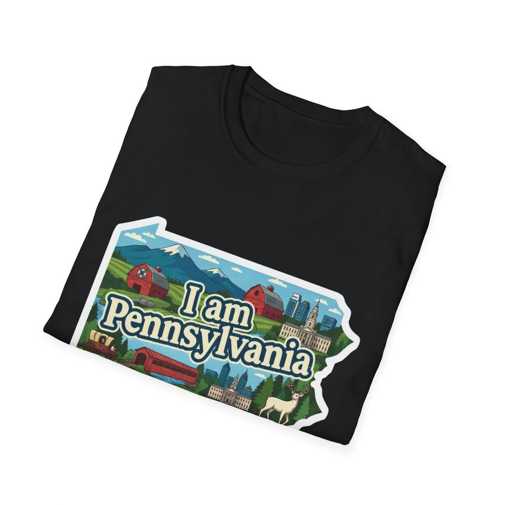 Black T-shirt with colorful Pennsylvania map graphic and “I am Pennsylvania” text