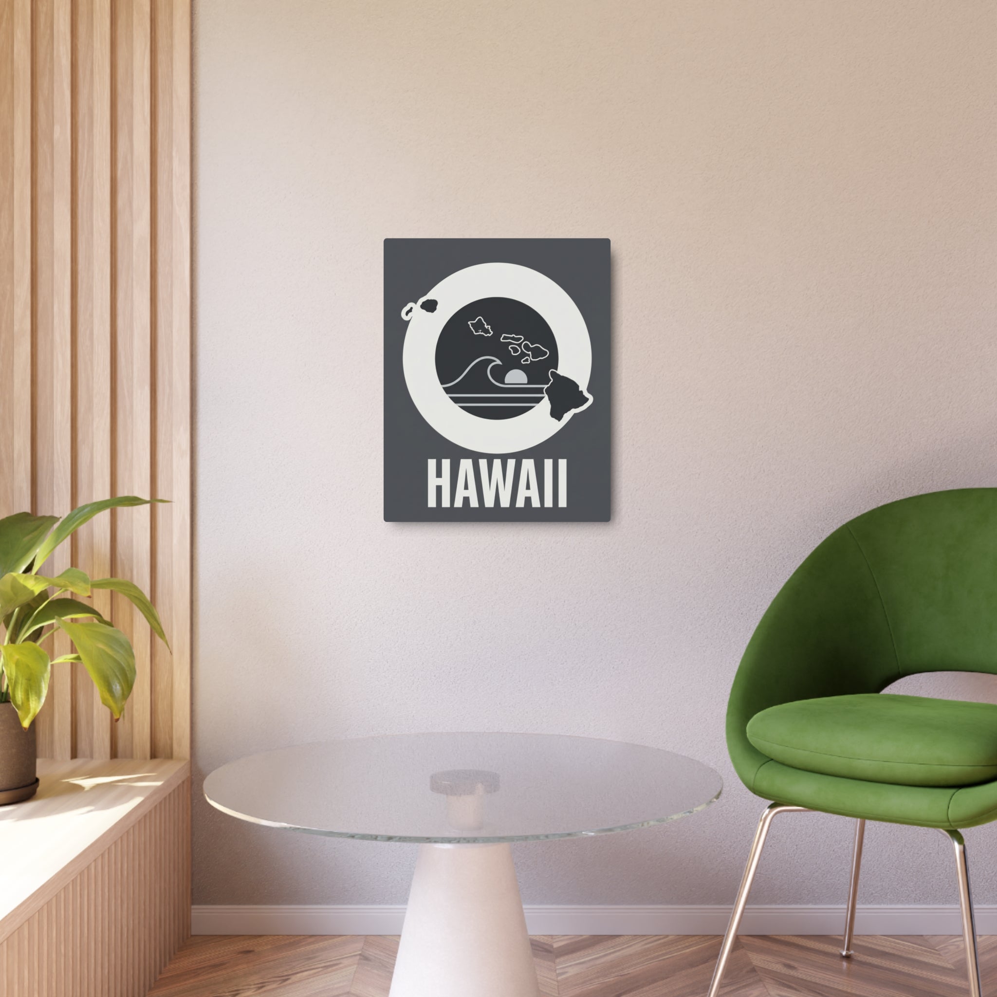 Square Hawaii metal wall art with island wave graphic and bold HAWAII text