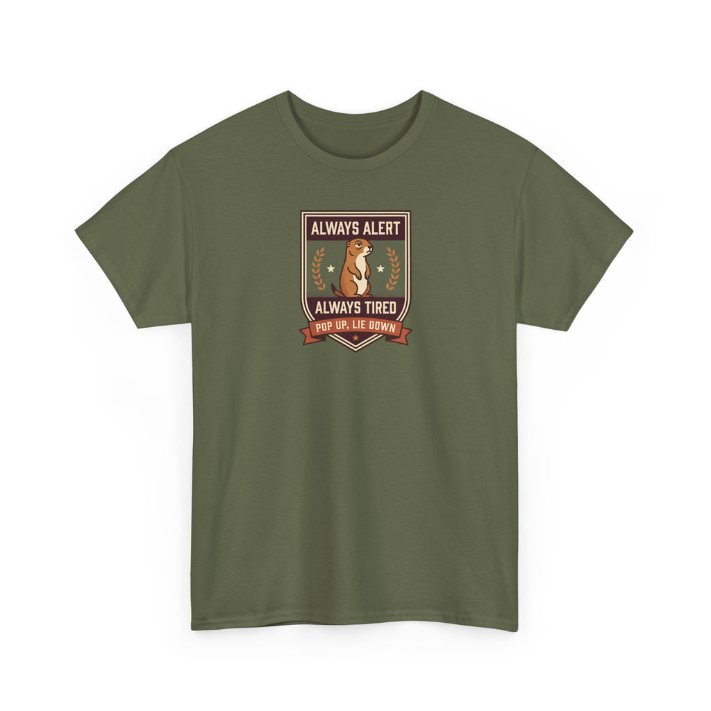 Military green short-sleeve T-shirt with badge graphic on chest