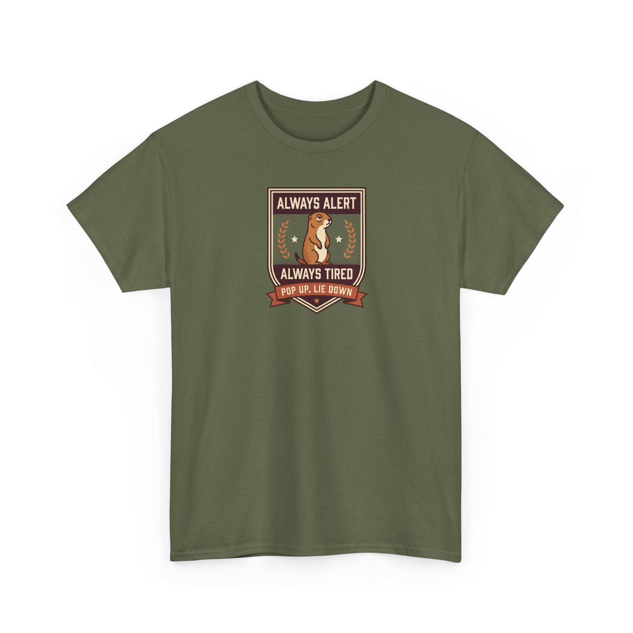 Military green short-sleeve T-shirt with badge graphic on chest
