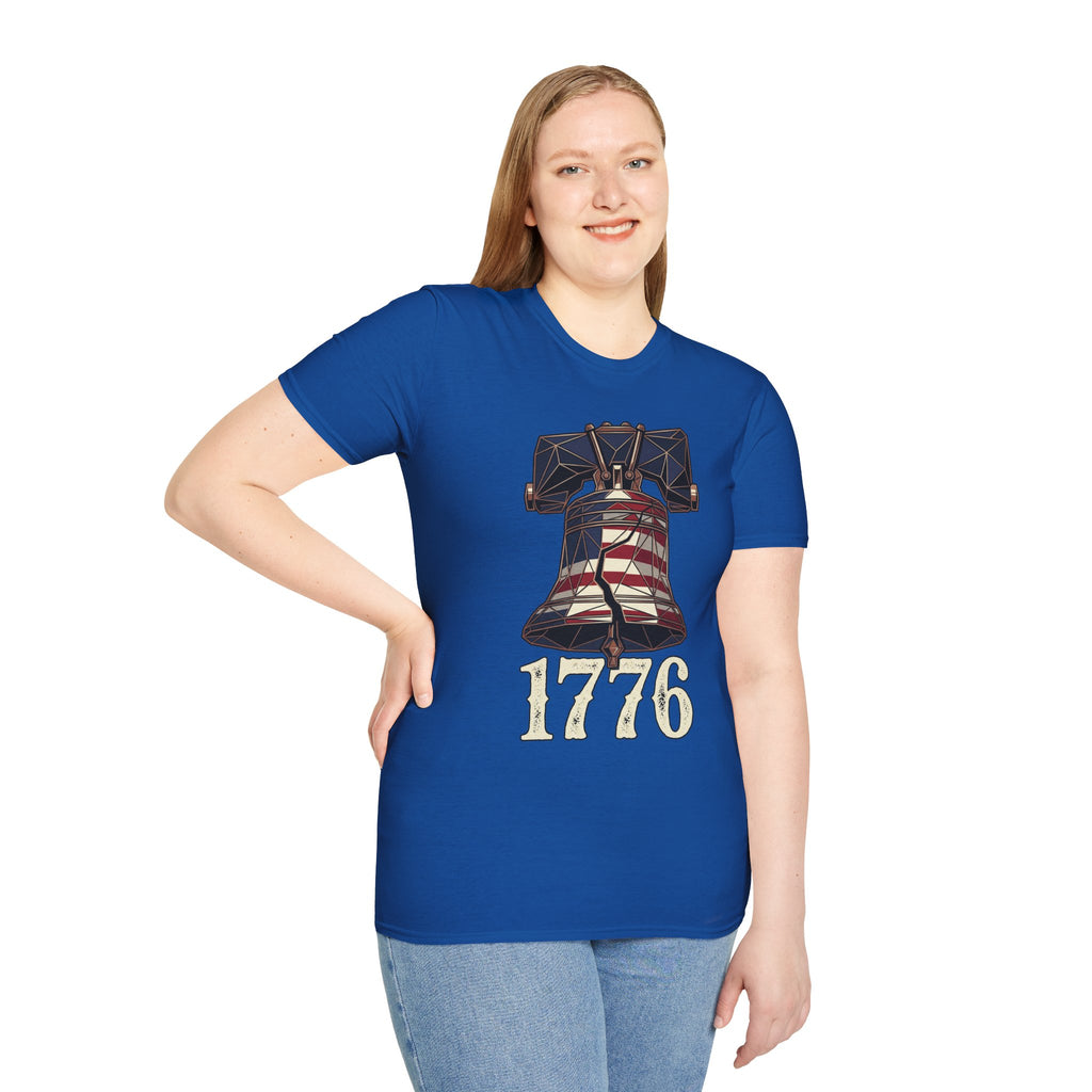 Royal blue Liberty Bell 1776 T-shirt with bell and “1776” front graphic
