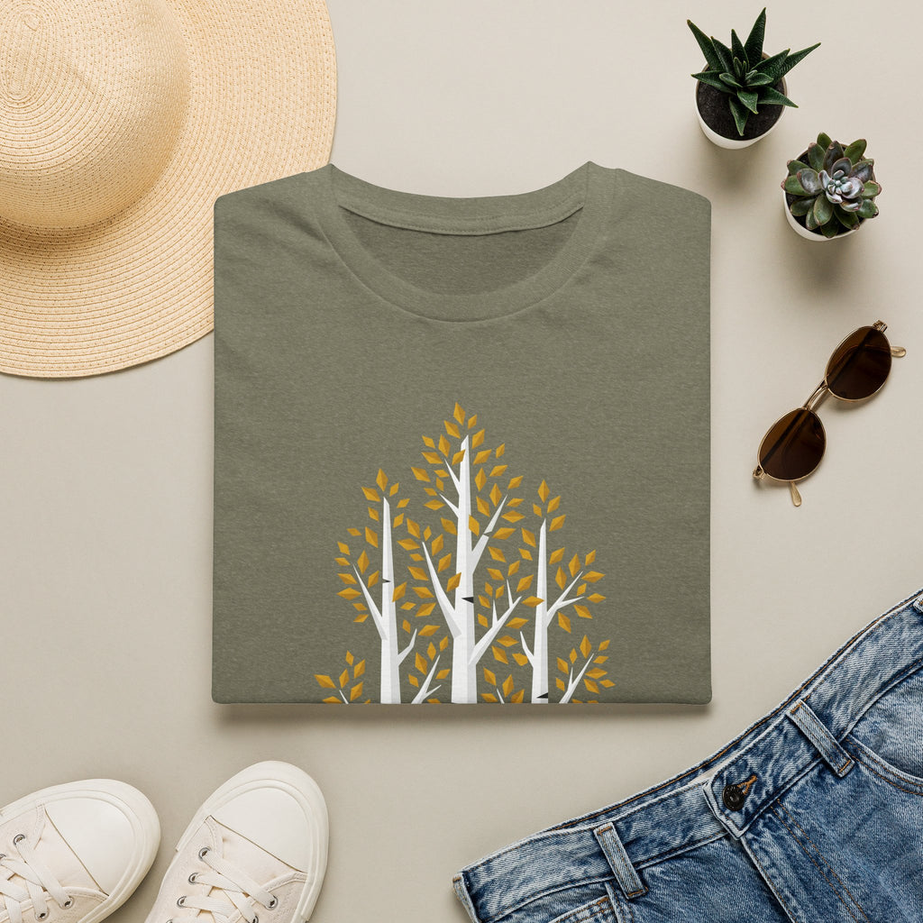 Unisex graphic t-shirt, olive green with gold autumn birch tree print