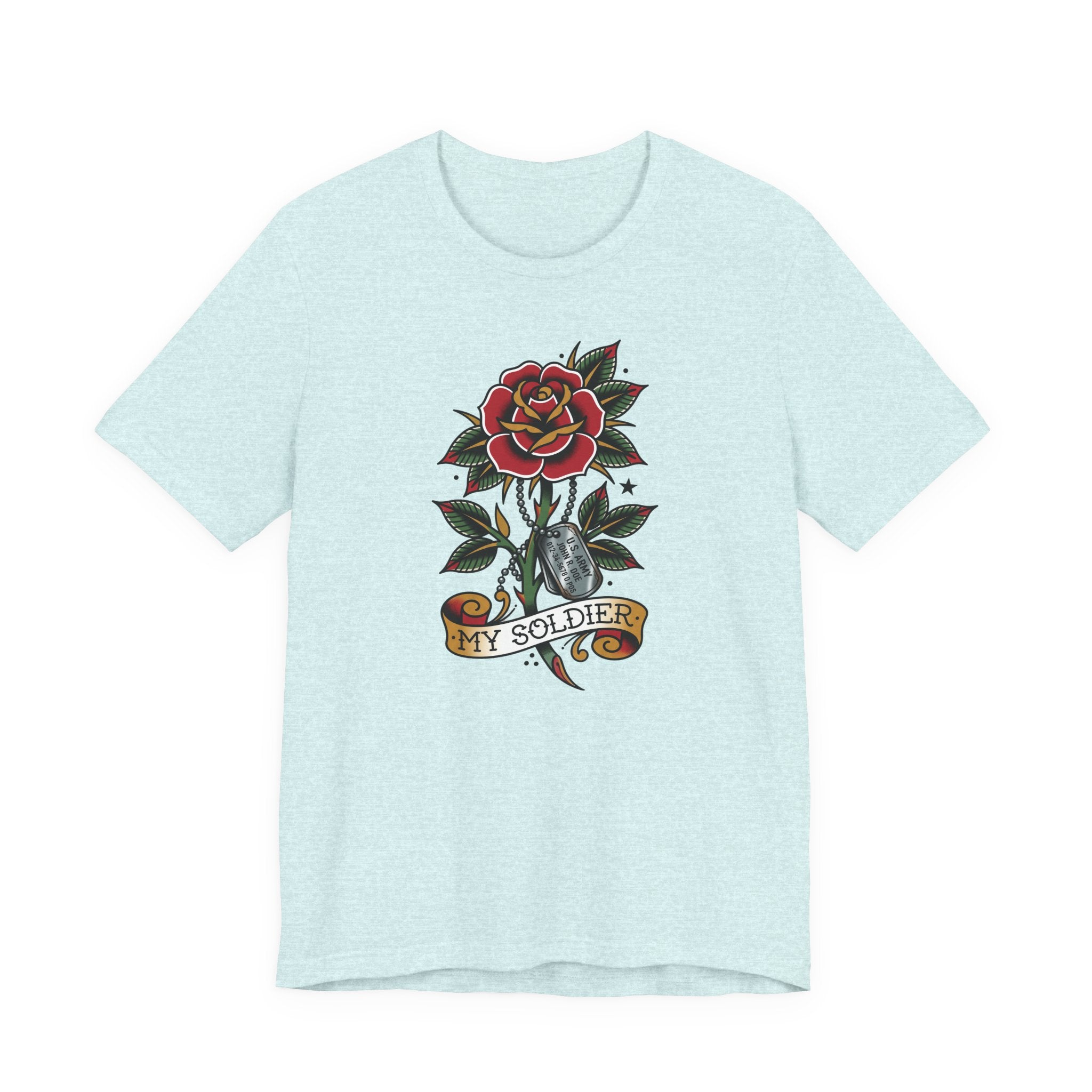 Light blue crewneck t-shirt with rose and dog tag graphic, My Soldier emblem.