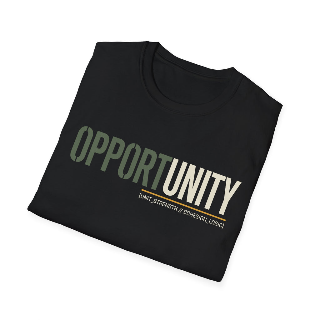 Opportunity in Unity T-Shirt, black, large “OPPORTUNITY” text and unity slogan