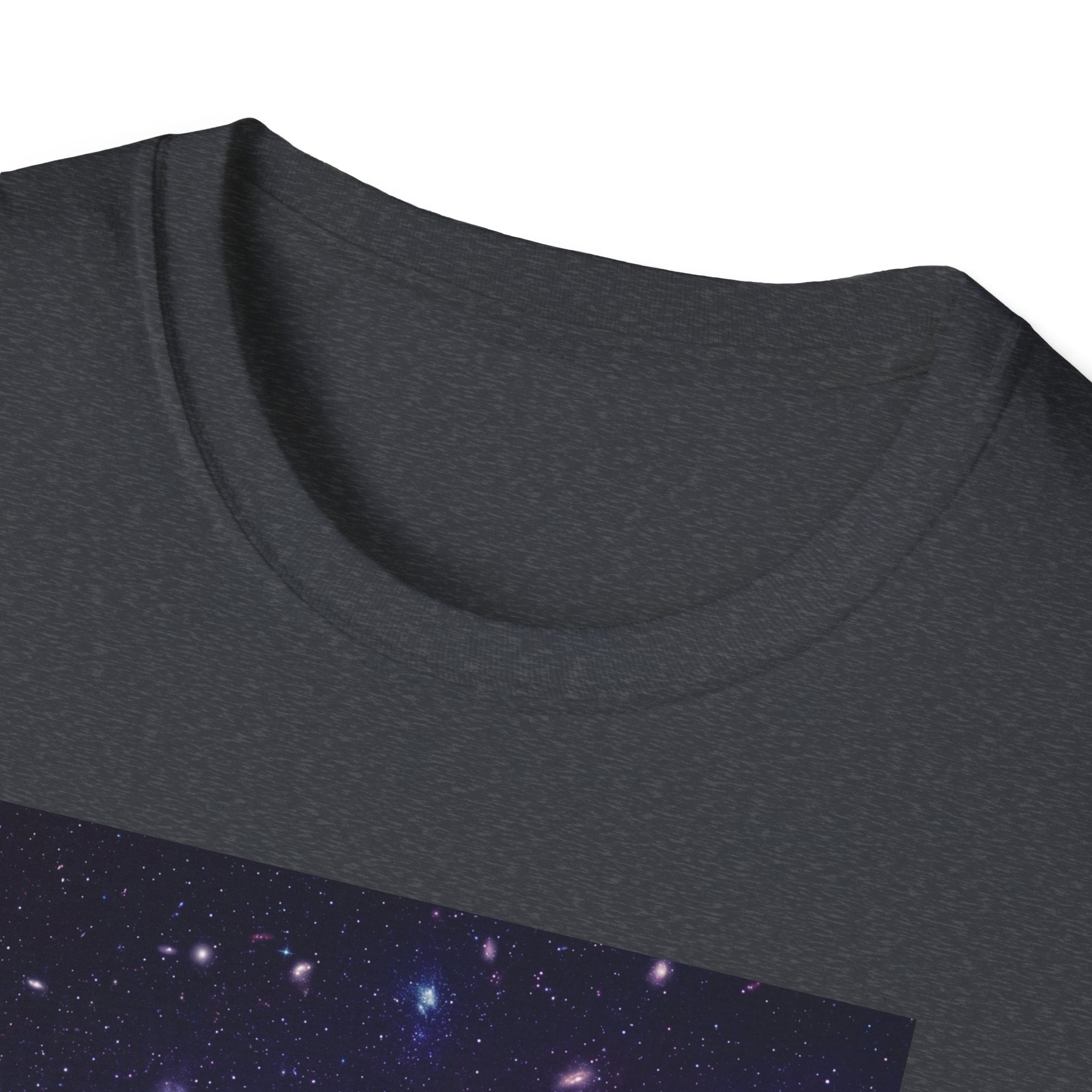 Cosmic skull galaxy T-shirt close-up: dark crew neck and space-print band