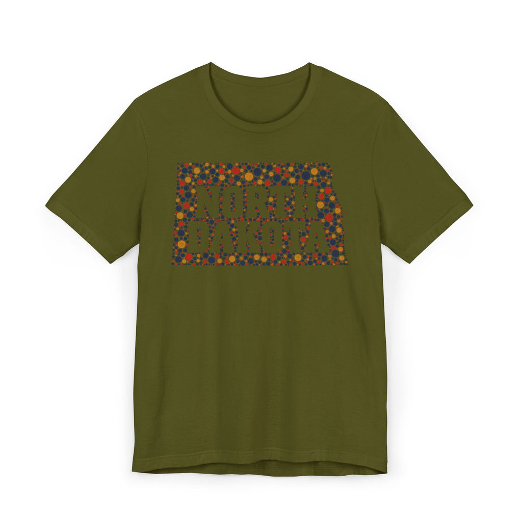 Dark olive T-shirt with colorful "North Dakota" floral map graphic on front