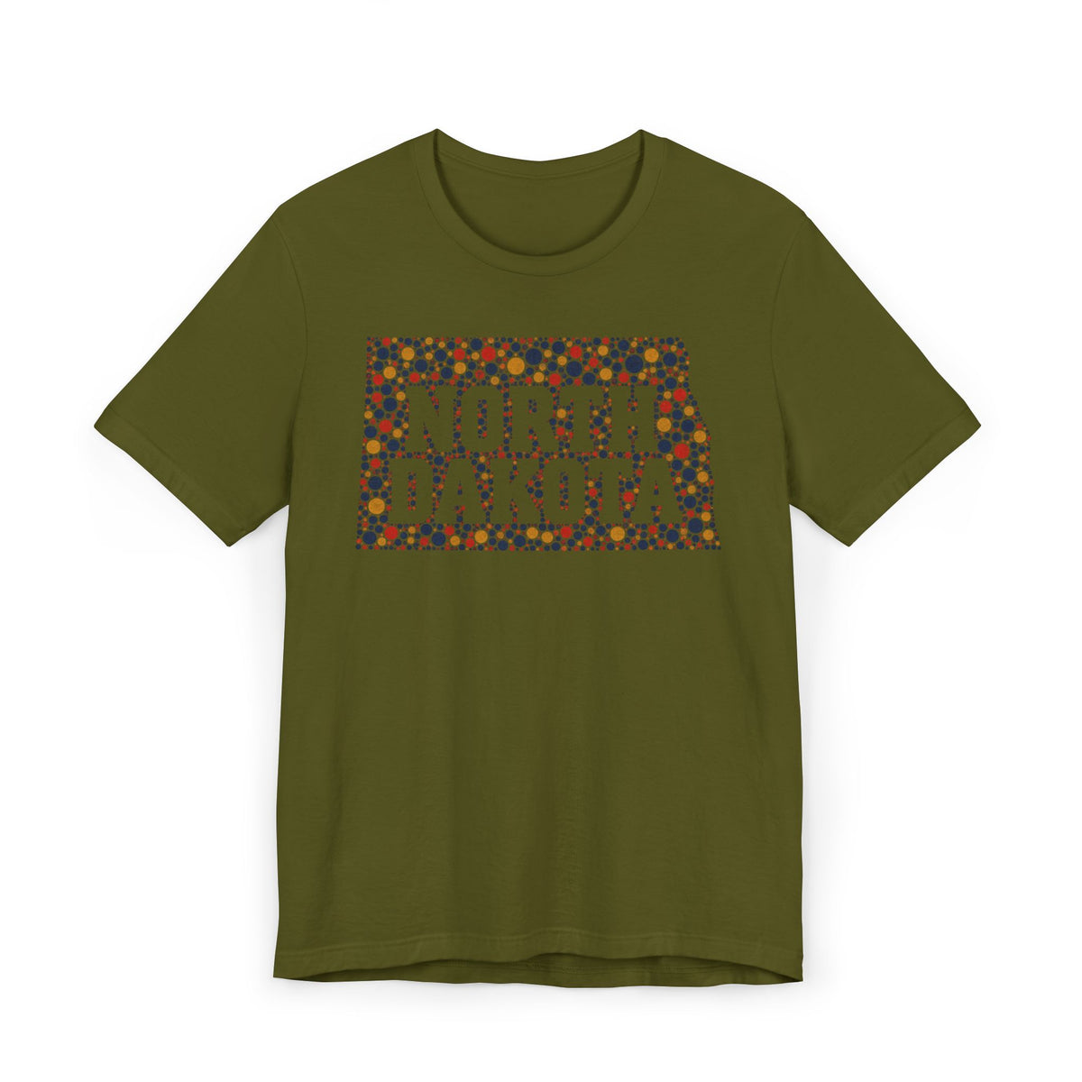Dark olive T-shirt with colorful "North Dakota" floral map graphic on front