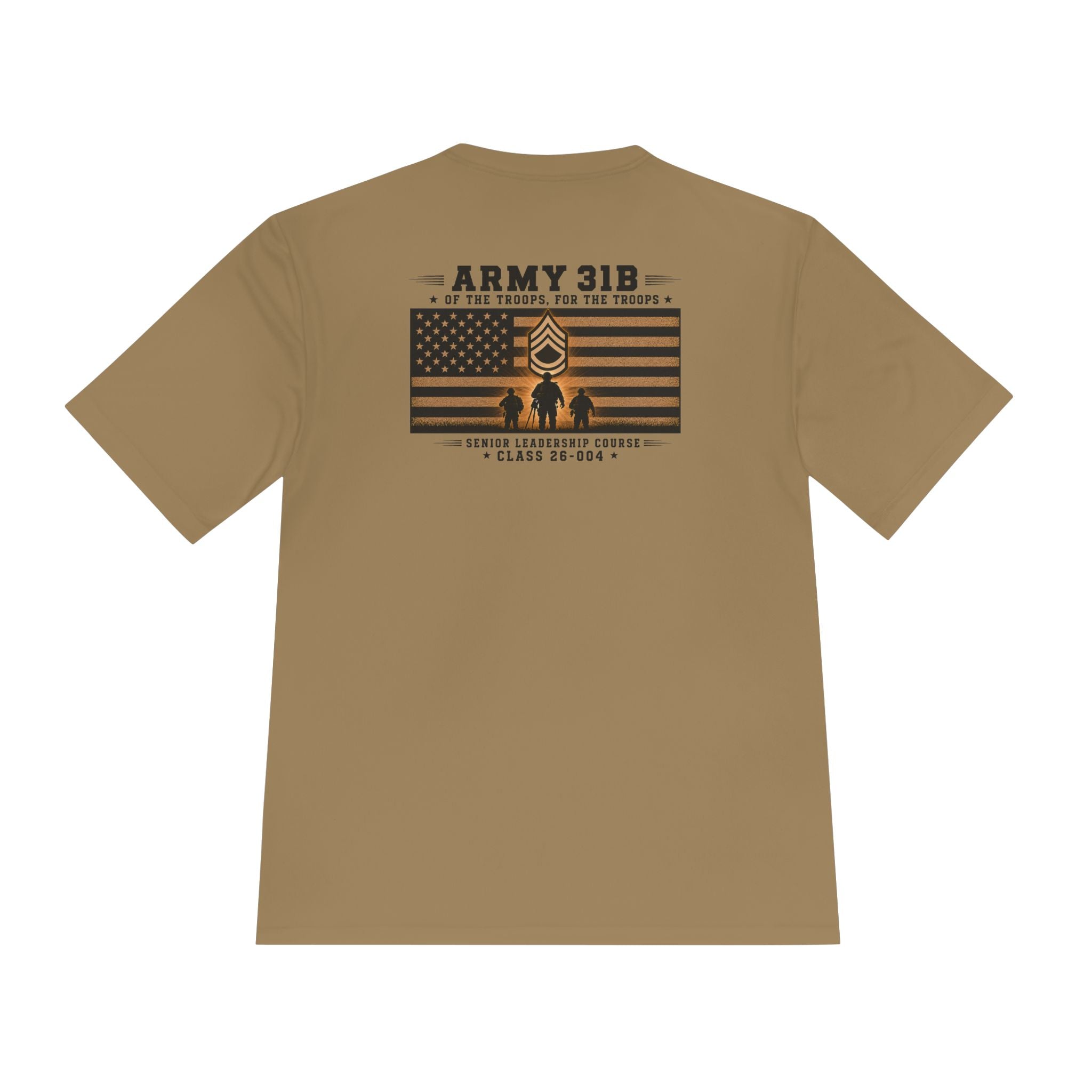 Coyote brown T-shirt with Army 31B flag-style back graphic