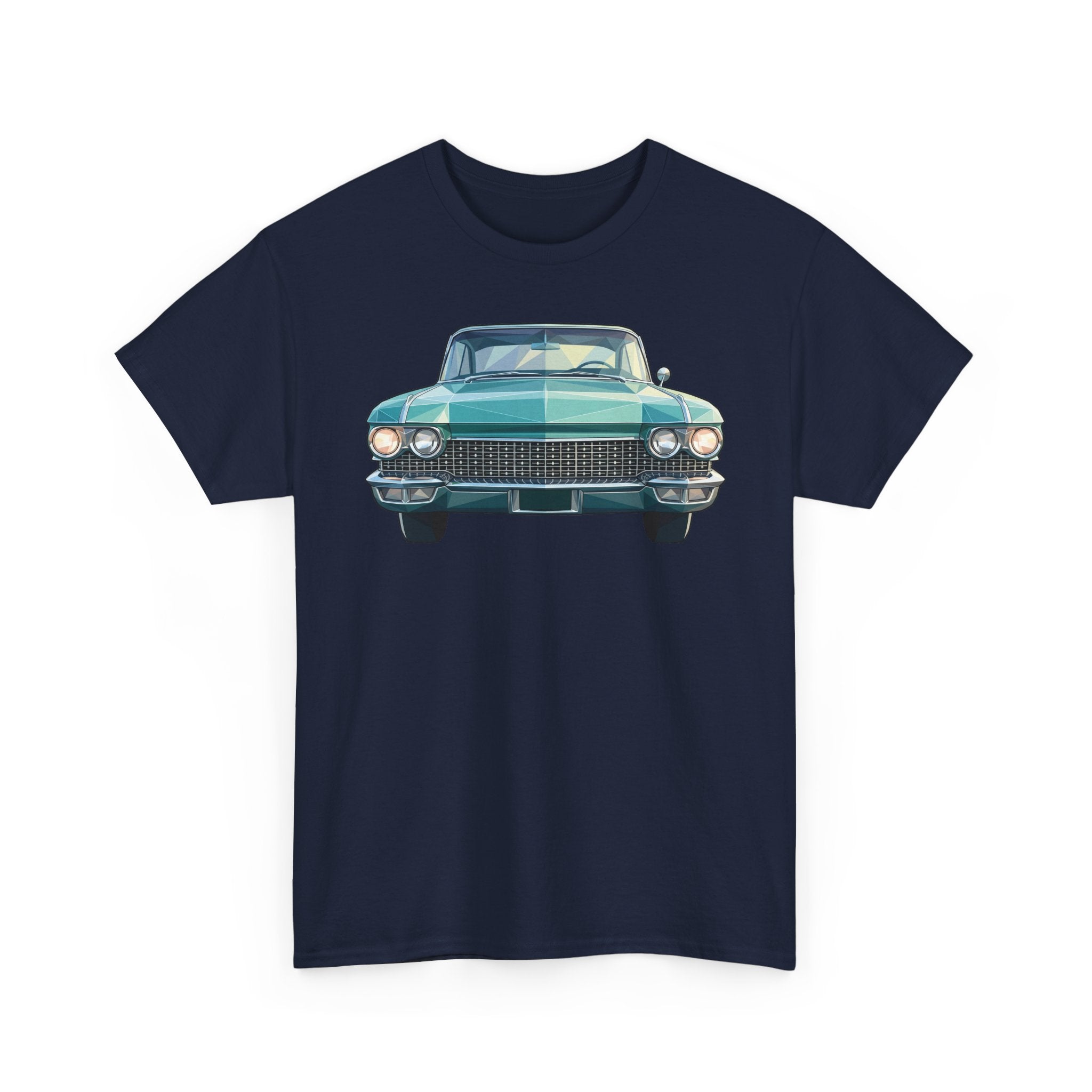 Navy crew neck T-shirt with teal vintage car graphic on the chest