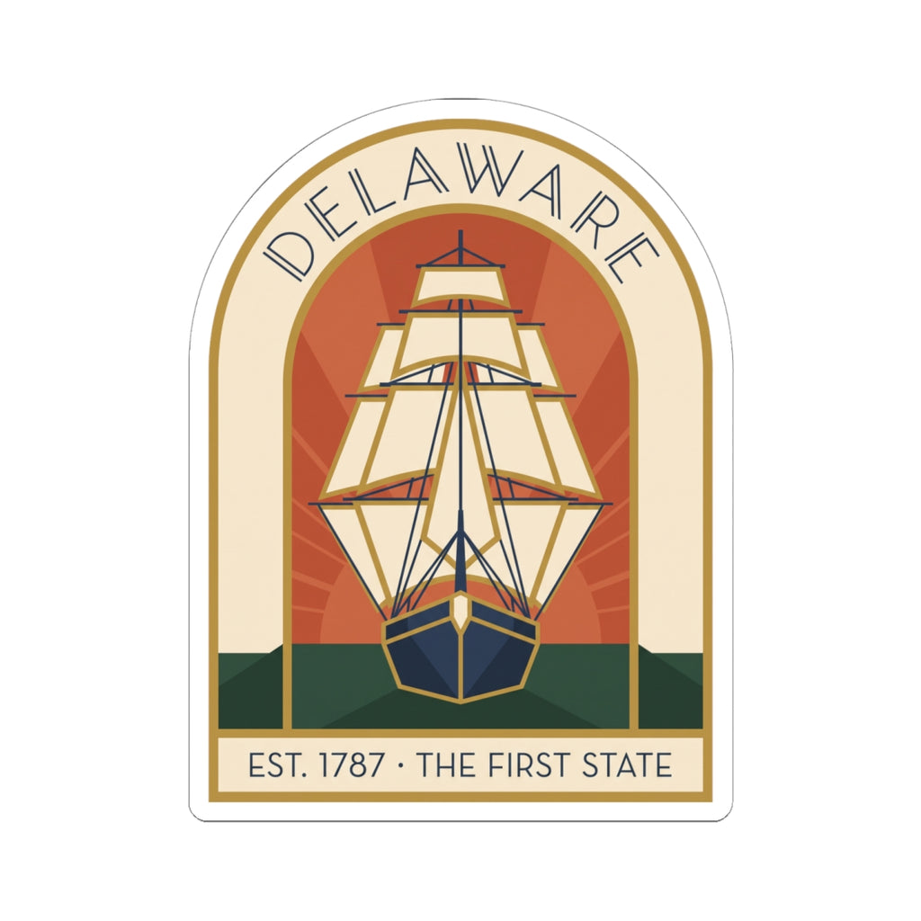 Delaware ship arch graphic kiss-cut vinyl sticker with "EST. 1787 - THE FIRST STATE" text.
