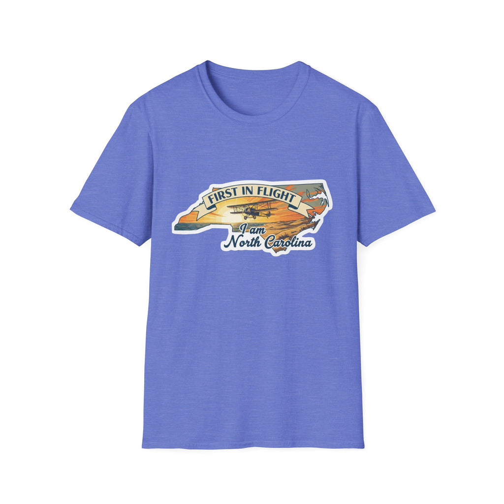 North Carolina T-shirt in periwinkle blue, “First in Flight” plane & state outline graphic
