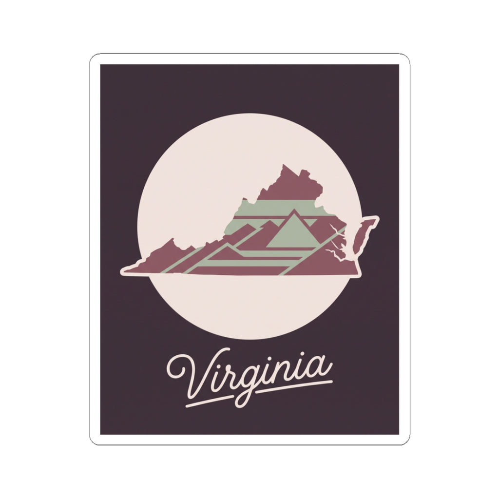 Virginia state silhouette kiss-cut decal with mountains and “Virginia” script text