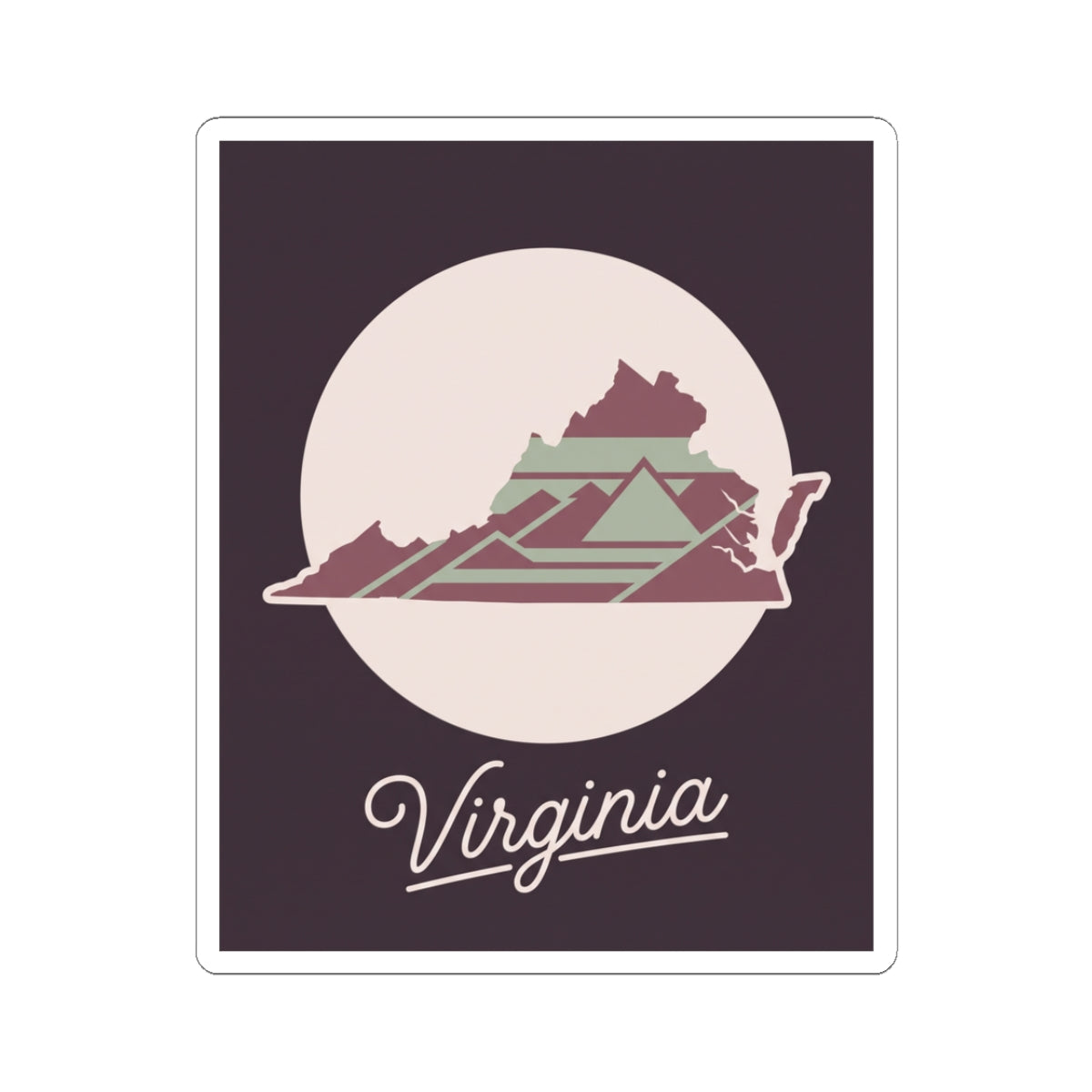 Virginia state silhouette kiss-cut decal with mountains and “Virginia” script text