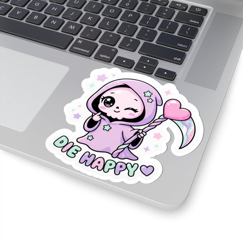 Purple hooded grim reaper kiss-cut sticker with sparkles and pink heart; “Die Happy”