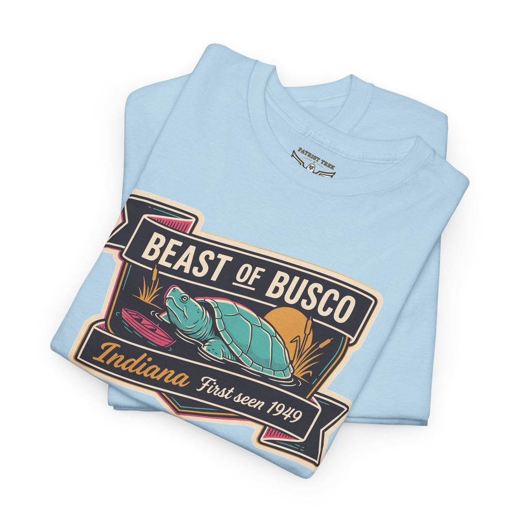 Light blue T-shirt with vintage Beast of Busco turtle logo graphic front print