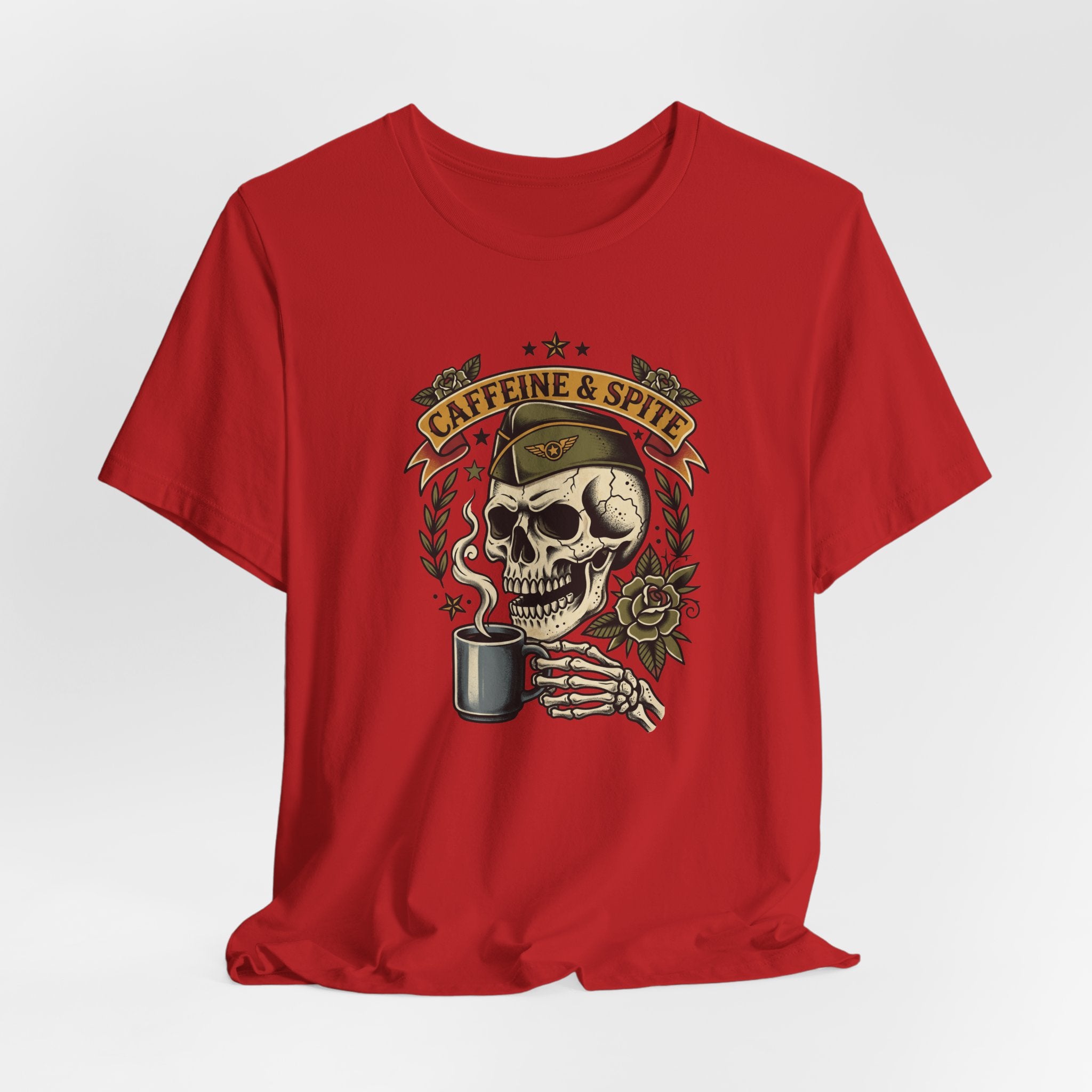 Red crewneck T-shirt featuring front skull holding a coffee mug graphic
