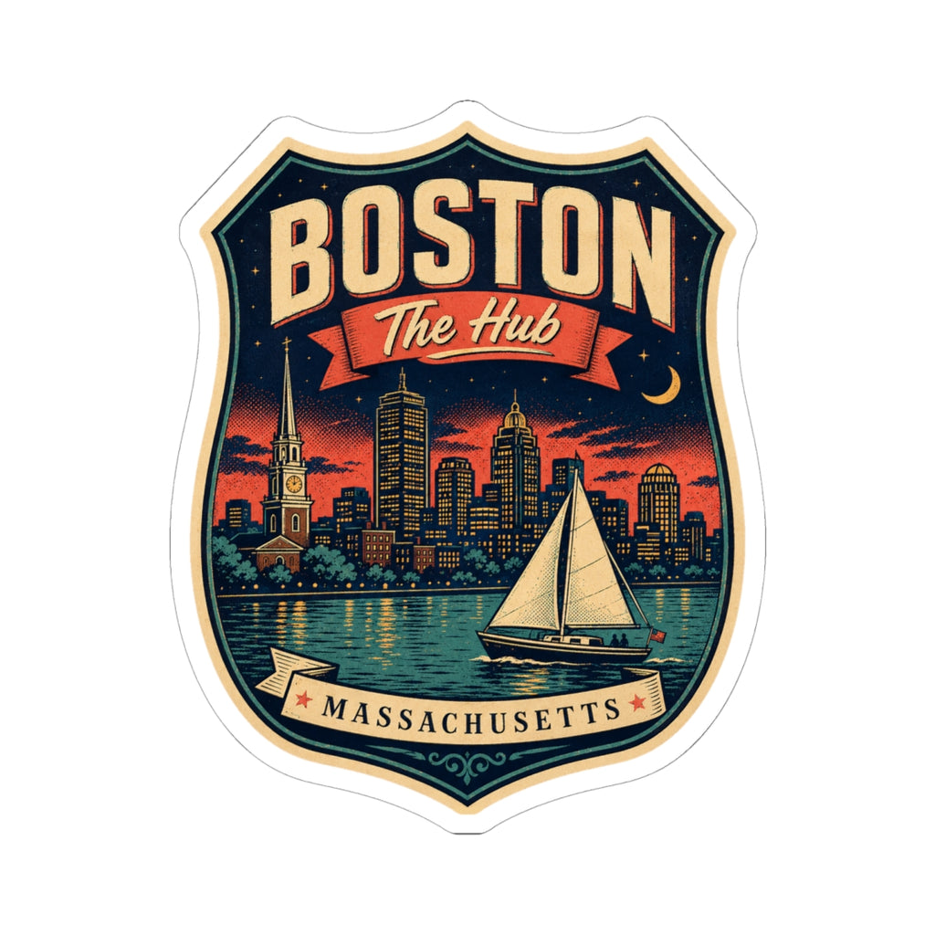 Shield-shaped Boston luggage tag sticker reading “The Hub” and “Massachusetts”