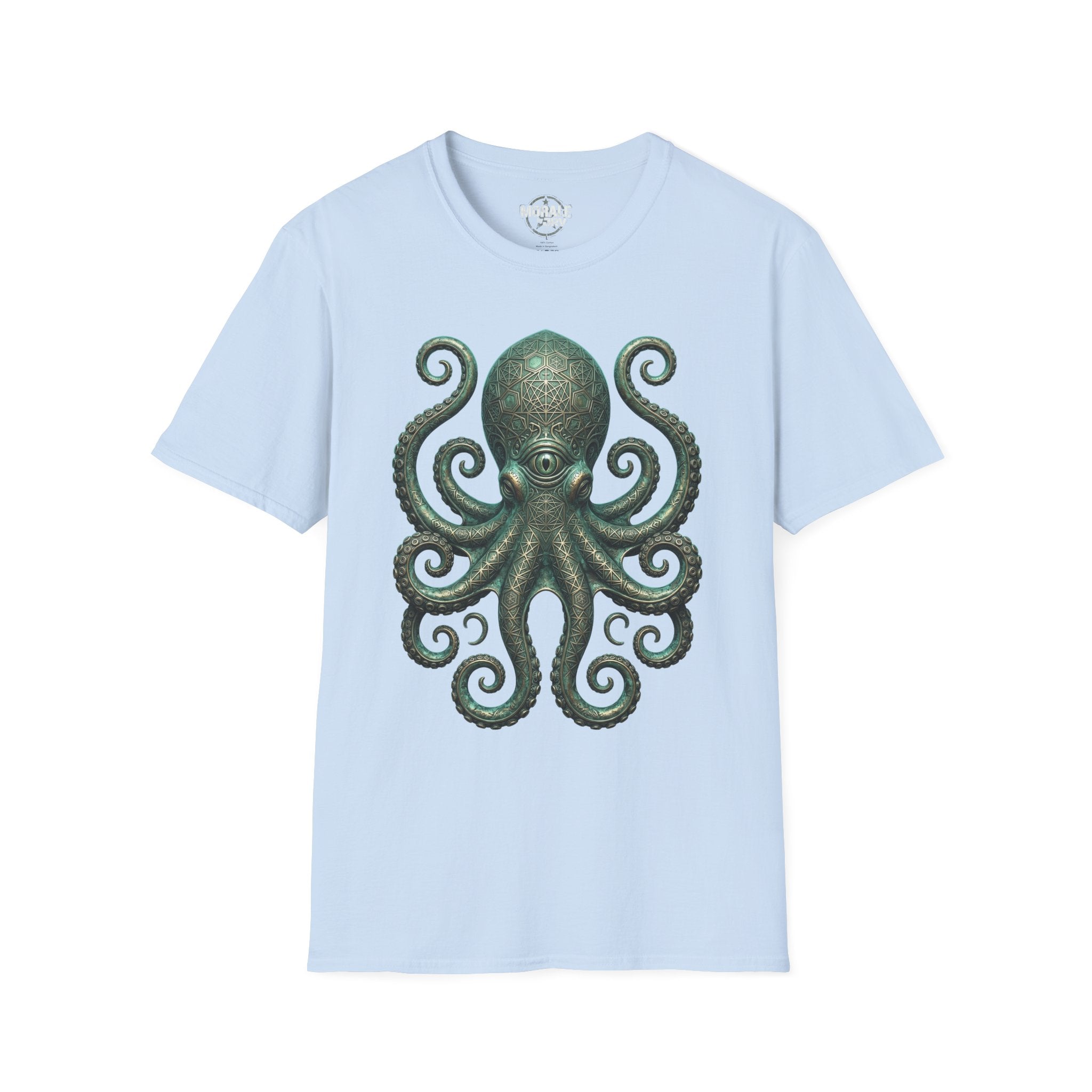 Kraken-Octopus T-Shirt auf hellem Blaustoff, grünes Printmotiv vorne