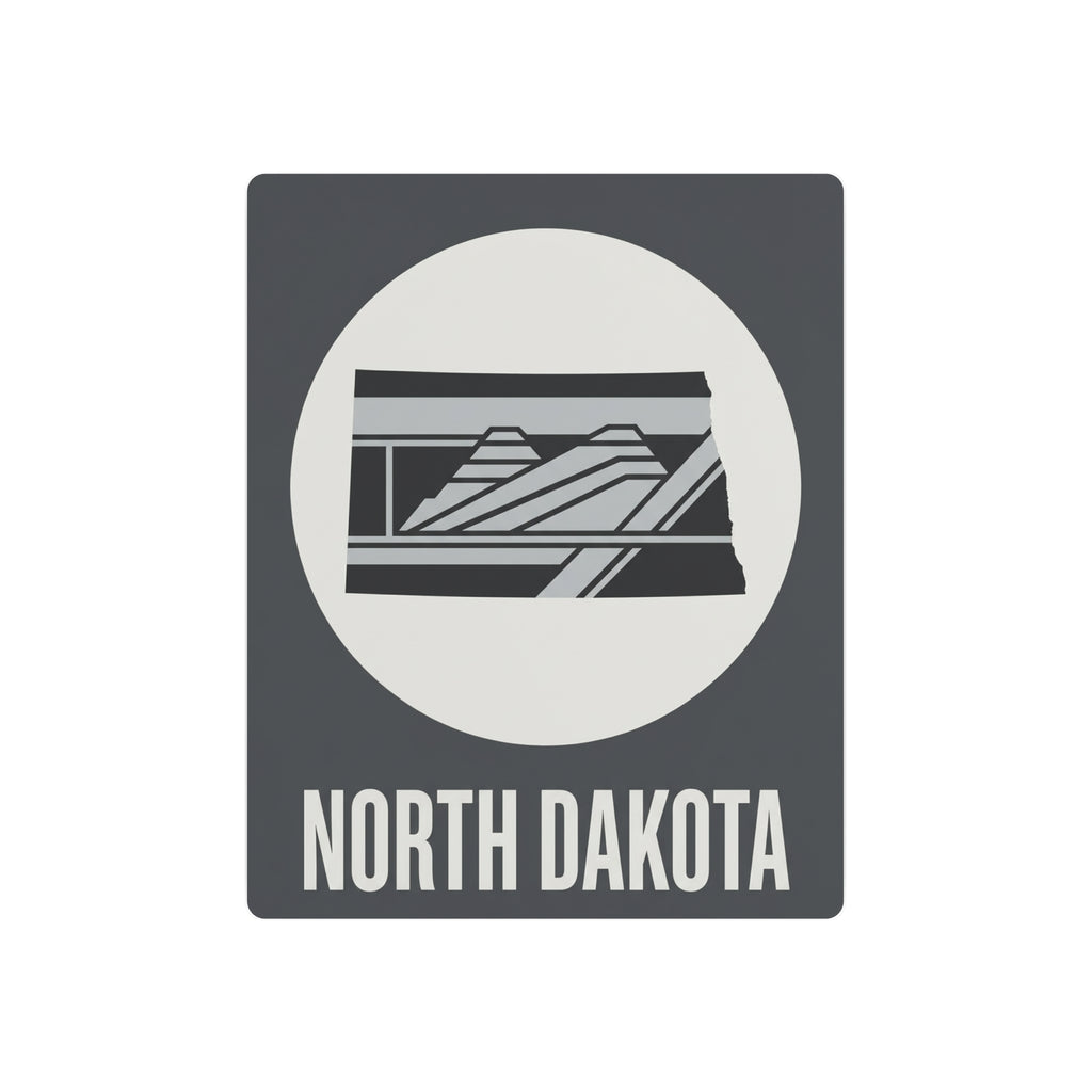 Dark gray North Dakota metal wall sign with white circle, landscape stripes, “NORTH DAKOTA” text