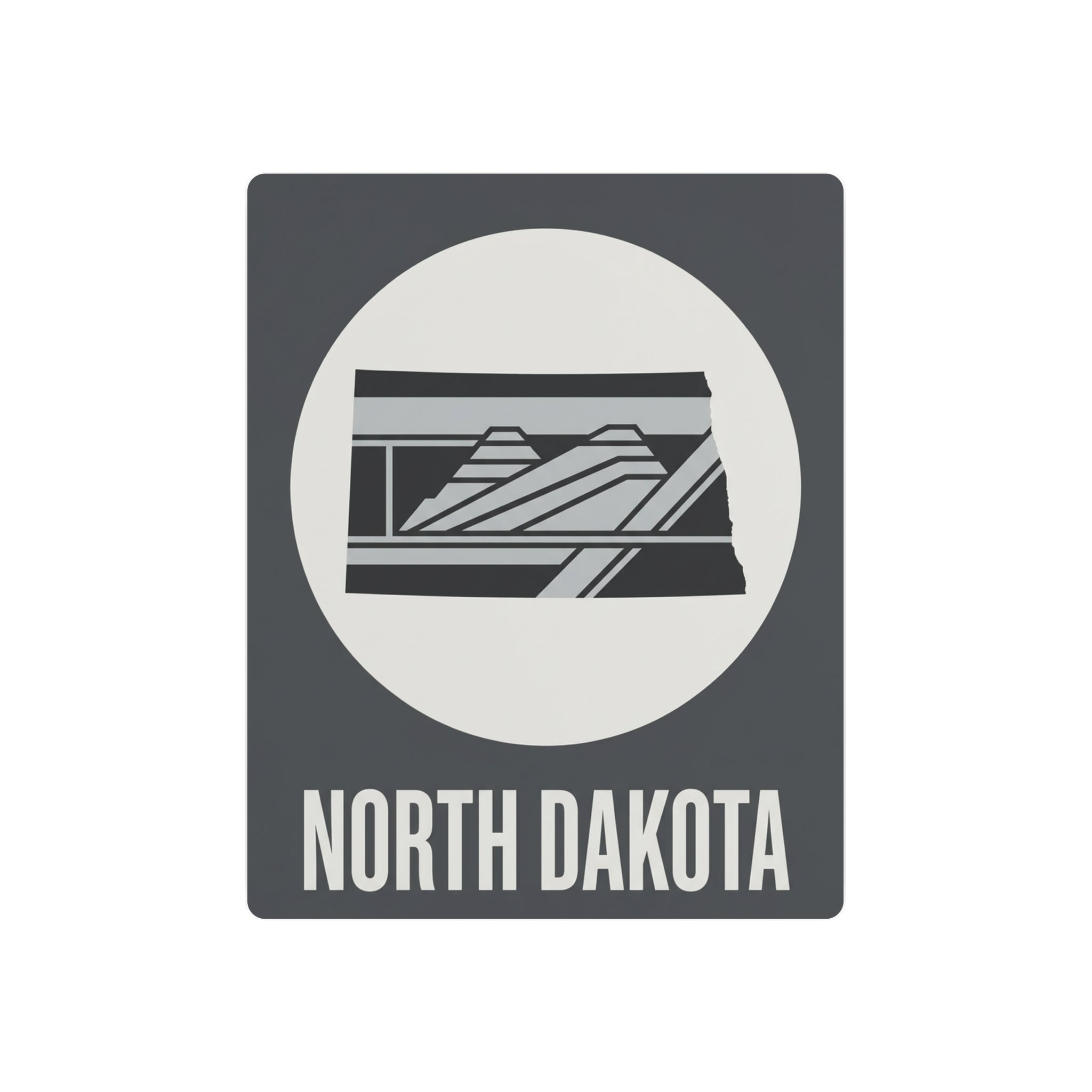 Dark gray North Dakota metal wall sign with white circle, landscape stripes, “NORTH DAKOTA” text