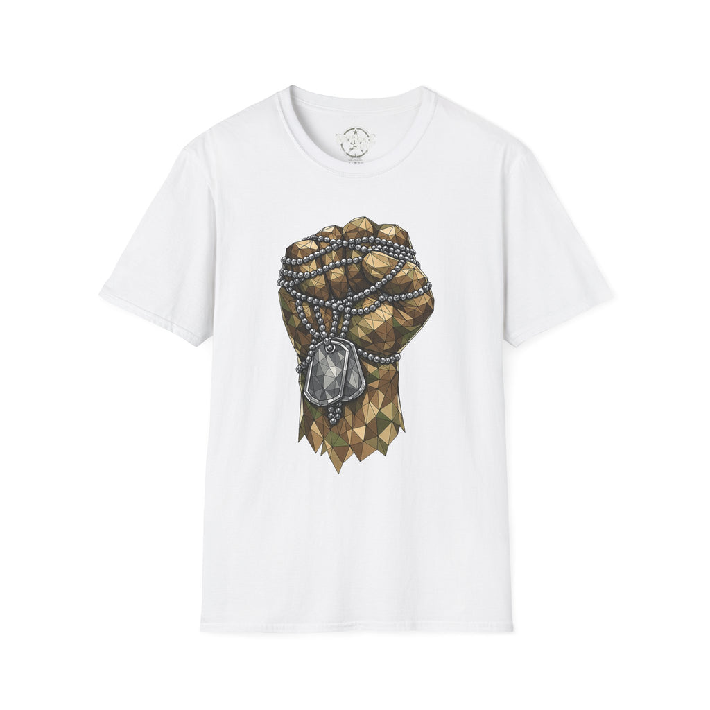 White T-shirt with polygon graphic of fist and dog-tag necklace.