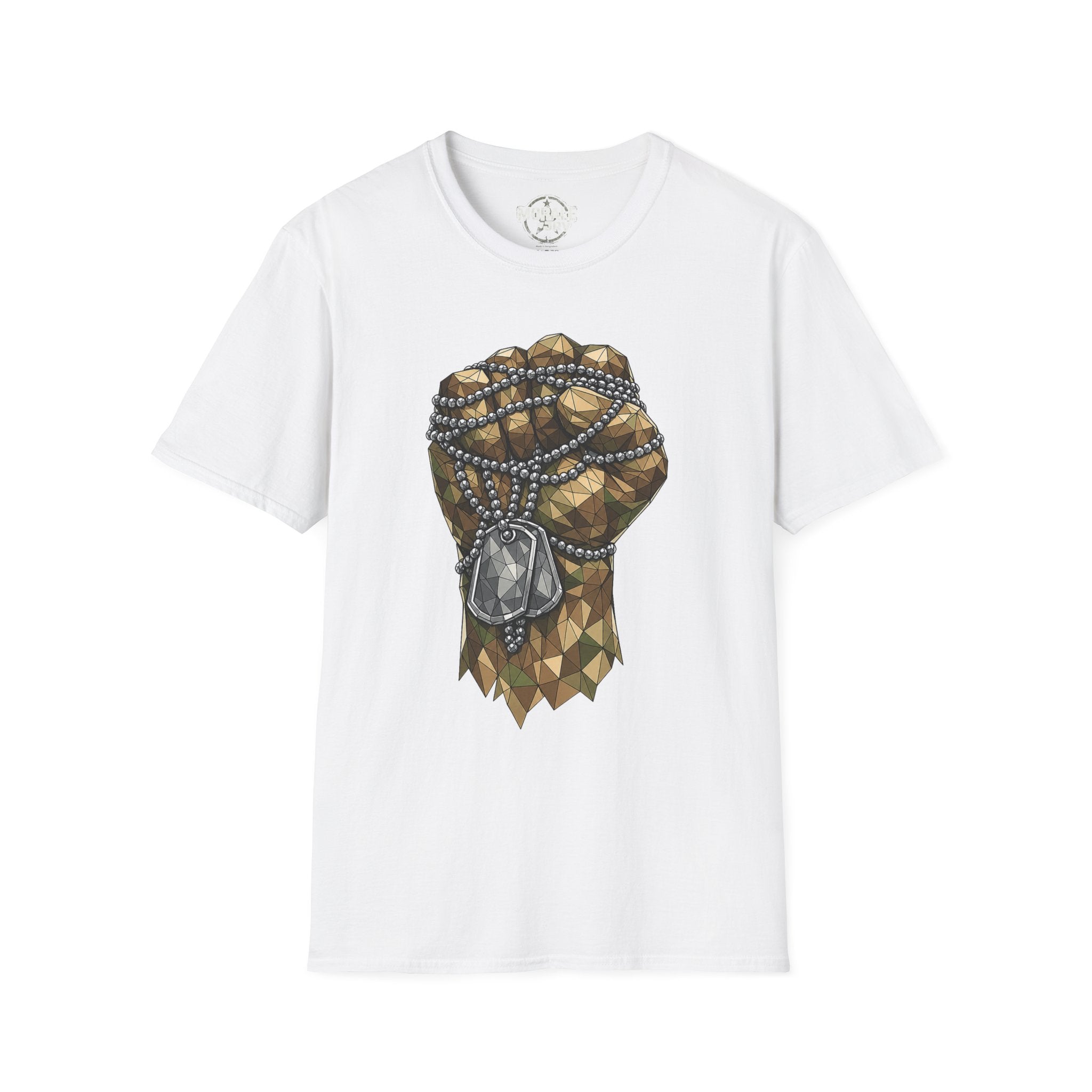 White T-shirt with polygon graphic of fist and dog-tag necklace.