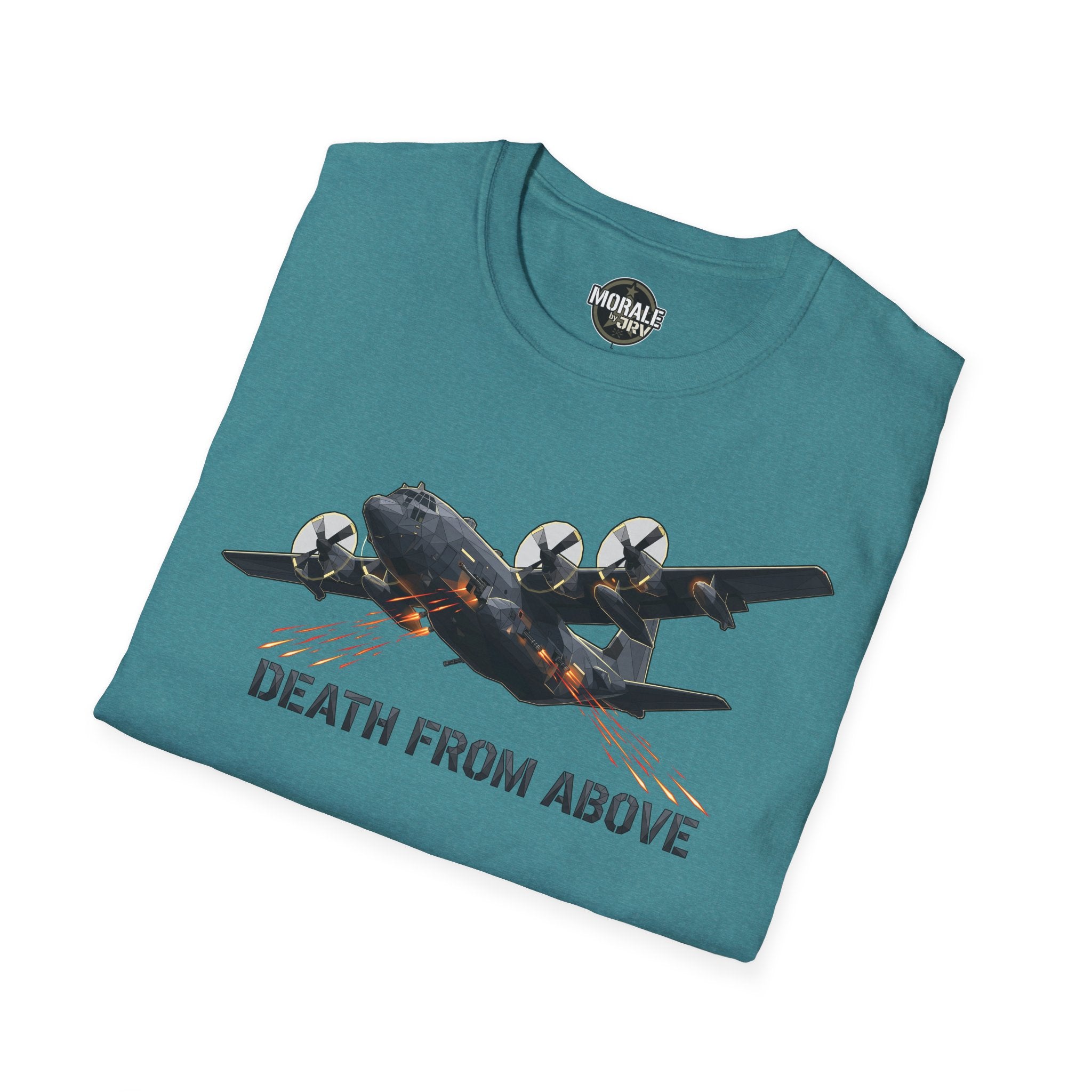 Military plane T-shirt with front airplane graphic and “DEATH FROM ABOVE” text