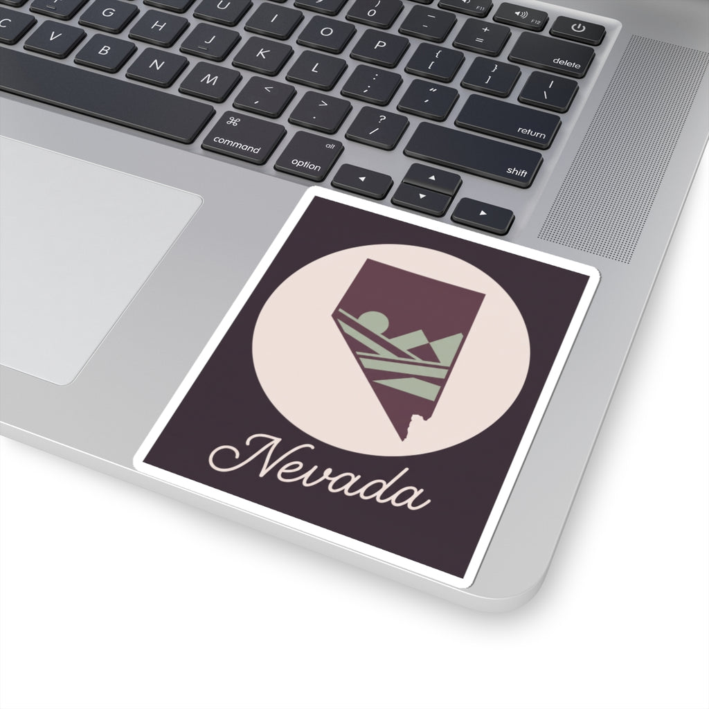 Nevada sticker with square outline and white circle, purple state silhouette, script 'Nevada'