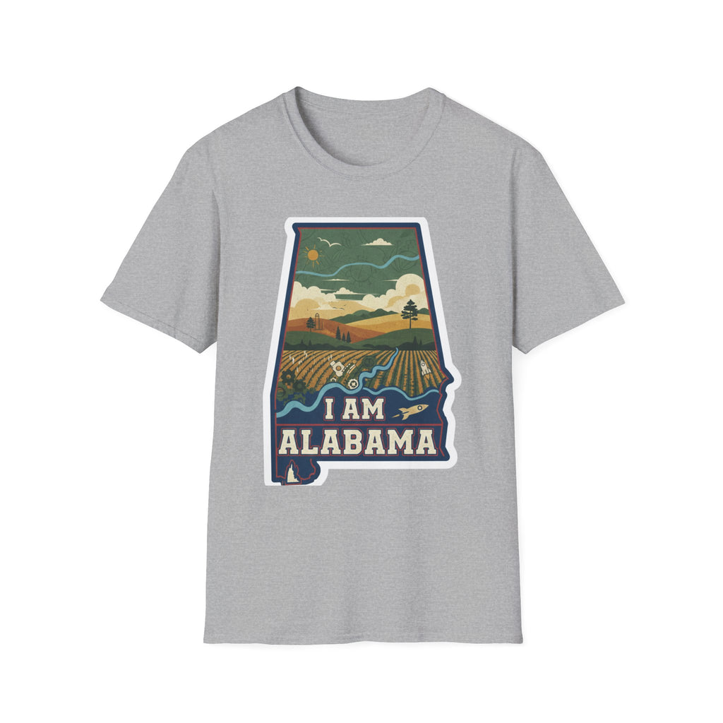 I Am Alabama T-shirt, heather grey crew tee with “I AM ALABAMA” landscape state design