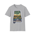 I Am Alabama T-shirt, heather grey crew tee with “I AM ALABAMA” landscape state design